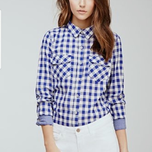 50% off forever 21 gingham blue button up long - Picture 2 of 7